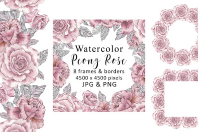 Watercolor Frames Flower Peony Rose, wreath, seamless border