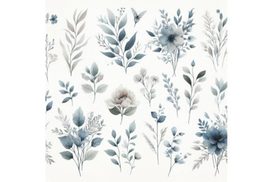 12 Watercolor Dusty Blue Flor bundle