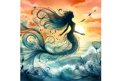 Watercolor mermaid silhouette