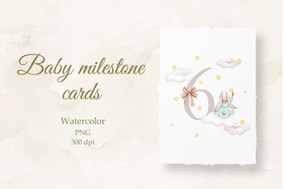 Baby milestone card. Watercolor. 6 months