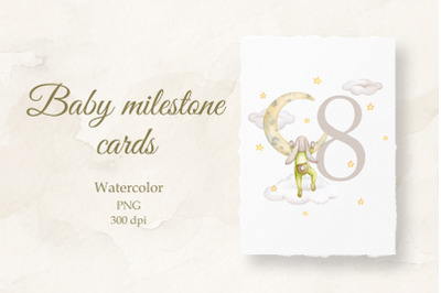 Baby milestone card. Watercolor. 8 months
