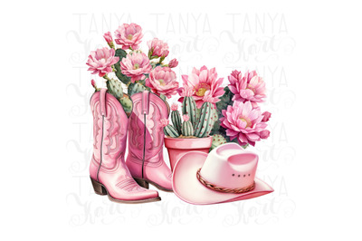 Cowgirl Boots PNG Digital Art, Cactus and Skull Design