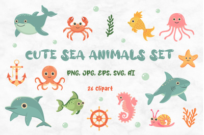 Cute sea animals set