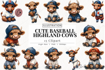 Cute Baseball Highland Cow Clipart