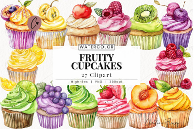 Watercolor Fruity Cupcake Clipart