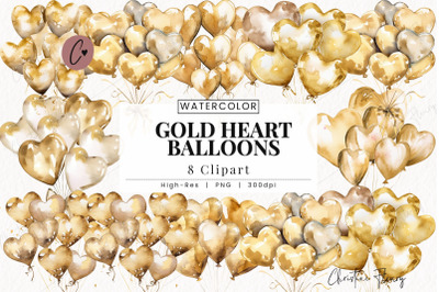 Watercolor Gold Heart Balloons Clipart