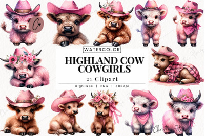 Pink Highland Cow Cowgirl Clipart