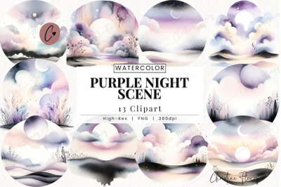 Watercolor Purple Night Scene Clipart
