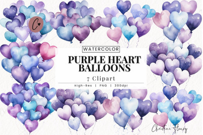 Watercolor Purple Heart Balloons Clipart