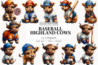 Watercolor Baseball Highland Cow Clipart