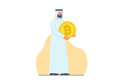 Arab Muslim male investor trader holds bitcoin in his hands. Crypto cu