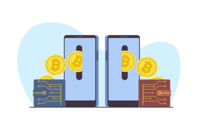 Cryptocurrency transfer from one ewallet to another. Smartphones and c