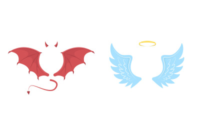 Elements of angel and devil. Blue and red wings&2C; golden halo and horns