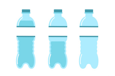 Full, half and empty plastic water bottles. Container for mineral or s