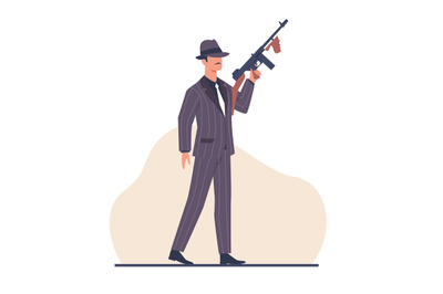 Mafia boss with Thompson machine gun. Gangster or mobster. Retro chara