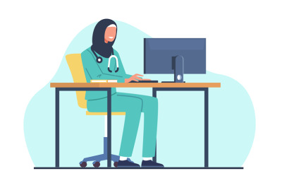 Muslim female doctor works on computer. Arab women in hijab, medical s