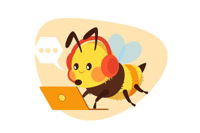 Operator bee wearing headphones with microphone works in call center.