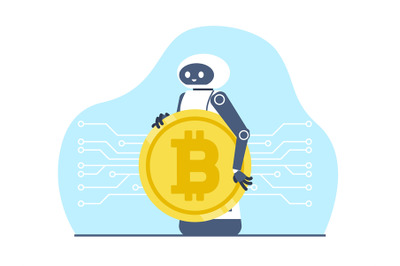 Robot holds bitcoin, cryptocurrency. Money mining passive income earni