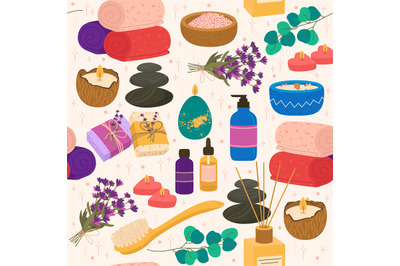 Seamless pattern with items for spa treatments. Relax and wellness zon