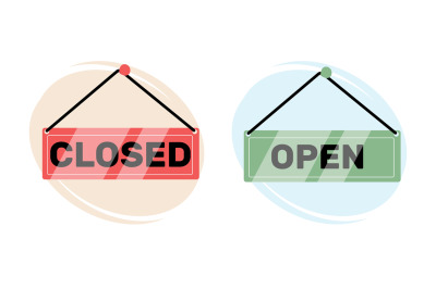 Store signs that say open and closed. Posters hanging on door or wall,