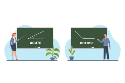 Teachers explain acute and obtuse. man and woman near blackboard. math