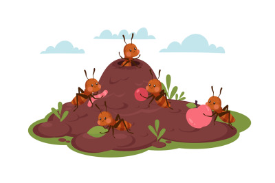 Ant colony, ants carry fruit and insects. Working together, adorable c