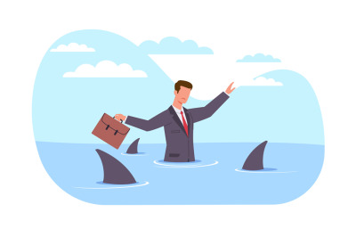 Unfriendly environment, frightened businessman is in water with sharks