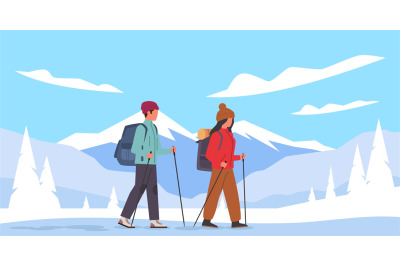 Guy and girl go with their gear into mountains in winter. Man and woma