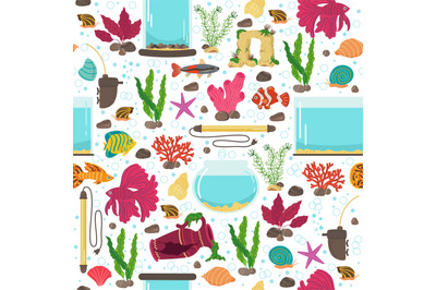 Seamless pattern with aquariums. Underwater decoration, colorful seawe