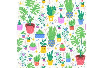 Seamless pattern with house flowers. Green tropical plants in colorful