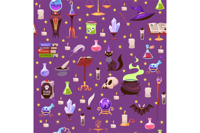 Seamless pattern with magical items. Witch and wizard accessories. Dec