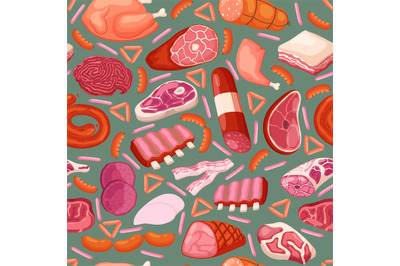 Seamless pattern with meat products. Chicken, sausages and steak. Deco