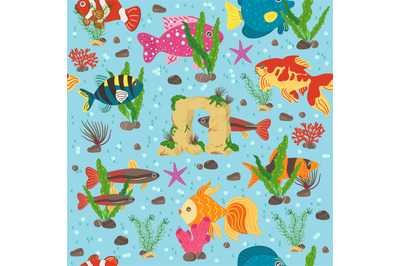 Seamless pattern with sea fish. Underwater world. Decorative algae and