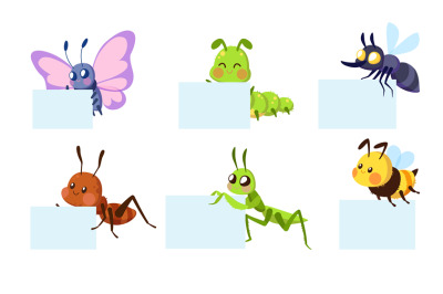 Set of insects holding white sheets. Funny little characters with blan