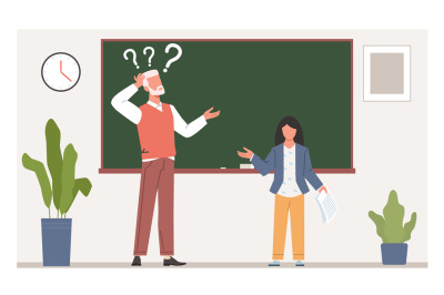 Bewildered teacher stands at blackboard. Confused man with question si