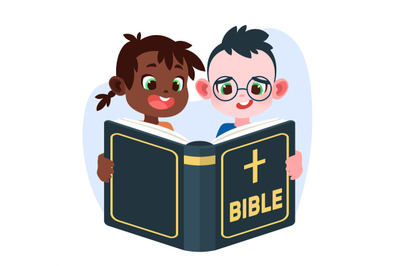 Children reading bible. Boy and girl hold holy book. Young readers lea