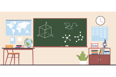 Classroom interior with blackboard and teachers desk. Chemistry or geo