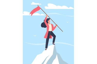 Concept of achieving success, business woman raising flag on top of mo