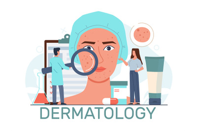 Dermatology specialist helps patient with skin problems. Doctor with m