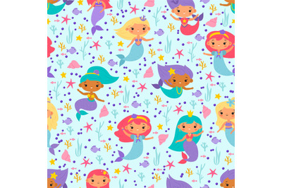 Seamless pattern with mermaids. Funny little underwater princesses. De
