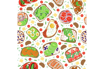 Seamless sandwich pattern. Breakfast snacks, healthy food, bread produ