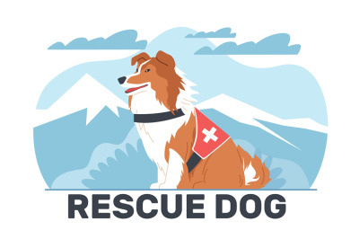 Search and rescue dog against background of mountain. Trained animal,