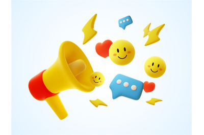 Social networks 3d icons megafon. Digital marketing icons, announce ad