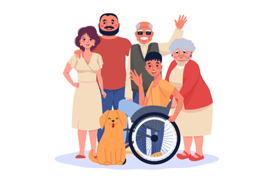Happy family with disabled members. Cartoon smiling people, teen boy i
