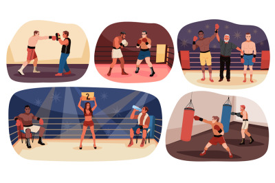 Boxing scenes at ring. Muscular athletes in sparring, training and fig