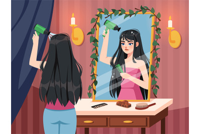 Girl dries long dark hair in mirror front. Young woman takes herself c