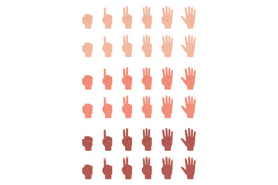 Hands counting gesture. Human hands with different skin color show dif