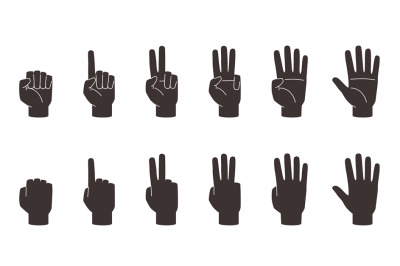 Black hands counting icons. Calculating gesture, human arms silhouette