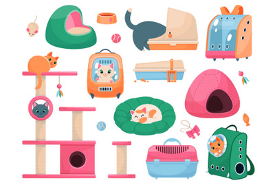 Cats accessories. Cute animals with beds toys and carriers&2C; different