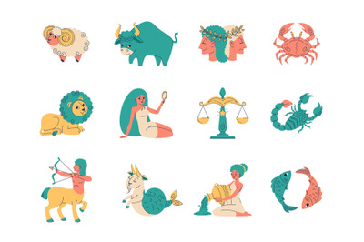 Cute zodiac signs. Funny astrological icons, traditional horoscope sym